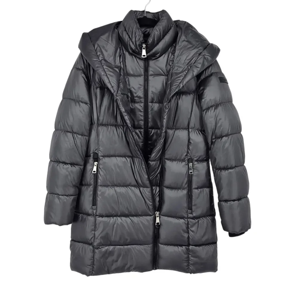 NWT DKNY Titan Black Bibbed Shawl-Collar Packable Shine Puffer Coat Size S